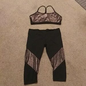Fabletics rose gold and black workout outfit
